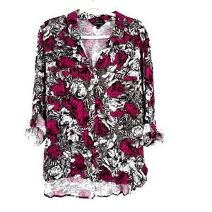 ROCK & REPUBLIC Button Front Floral Tunic Top Women's XL Pink Roll Tab Sleeve